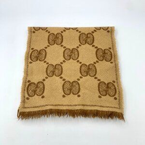 X15022 Gucci Brown Logo Jacquard Wool Fringe Scarf